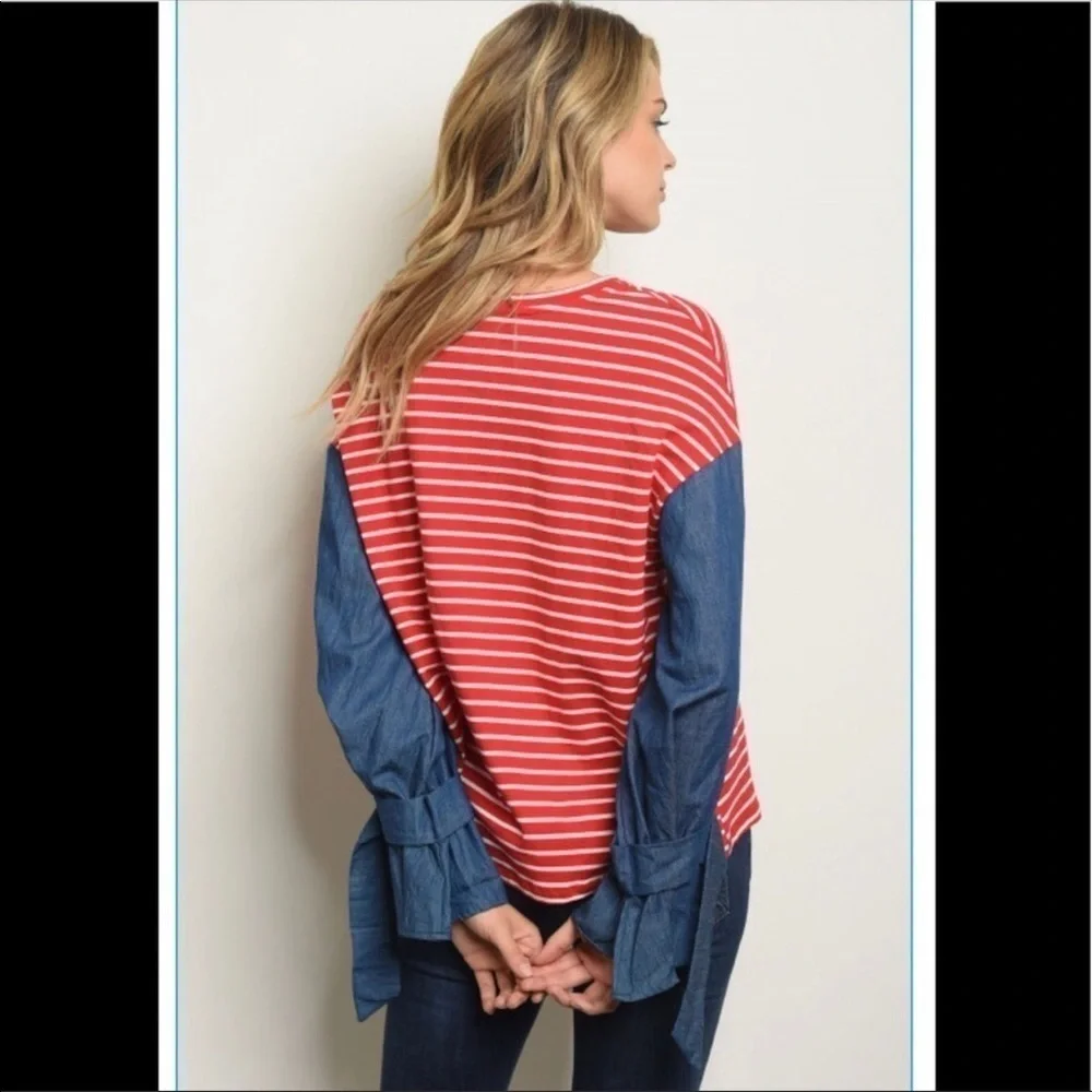 Red & white striped blouse with denim slee… - Picture 3 of 6